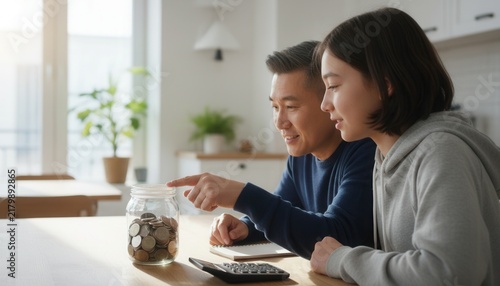 East Asian father and young teenager pointing together at a glass savings jar filled with coins for personal financial education