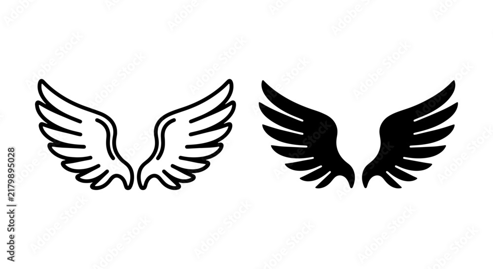 Fototapeta premium Angel Wings Vector Icons, Black and White Outline, Symbolizing Freedom, Spirituality, and Divine Grace for Graphic Design Projects