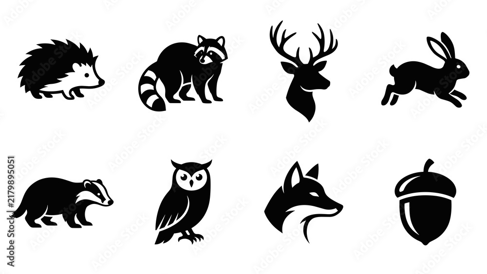 Obraz premium Woodland Wildlife Silhouette Vector Collection with Forest Animals and Nature Elements for Outdoor Design
