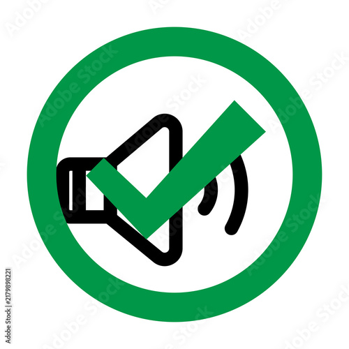 Green circle audio speaker symbol with sound waves and checkmark, concept of permitted sound