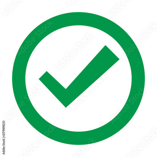 Green checkmark symbol inside a circular border, universal sign for approved, correct, and verified