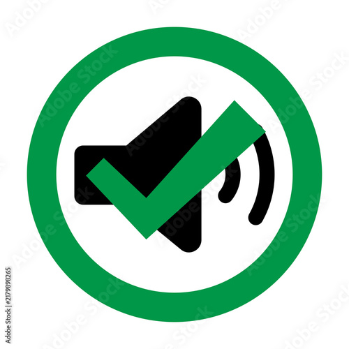 High volume audio speaker sign with soundwaves and green checkmark, symbolizing full sound