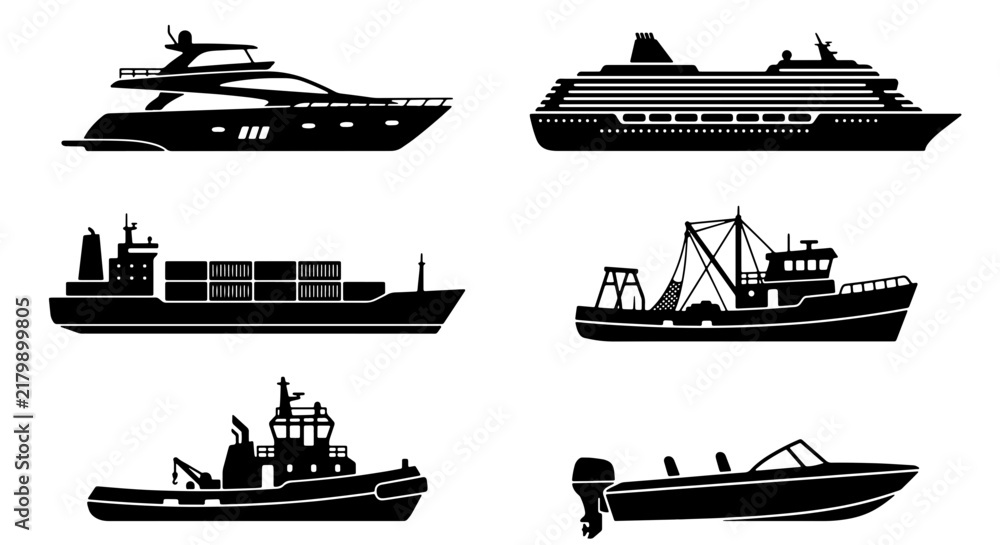 Fototapeta premium Set of Six Diverse Ship Silhouettes: Yacht, Cruise Liner, Cargo, Fishing, Tug, Speedboat