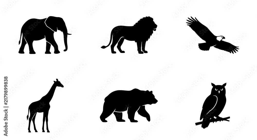 Obraz premium African Wildlife Silhouettes: Elephant, Lion, Giraffe, Bear, Eagle, Owl Icons Set