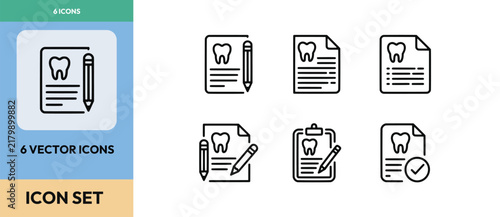 Dental prescription and patient report vector icons set with tooth medical notes