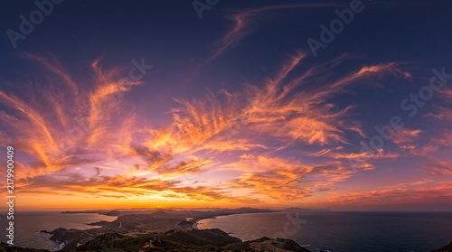 360 panorama of glowing sunset sky with bright Cirrus clouds. Seamless hdr spherical 360 panorama. Sky dome in 3D visualization, sky replacement for aerial drone panoramas. Weather and climate change