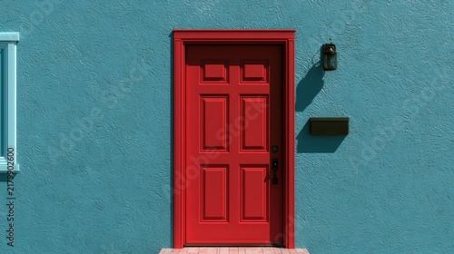 A vibrant red front door stands against a bright teal textured wall in daylight. This image symbolizes home security and entry for architectural design concepts.
