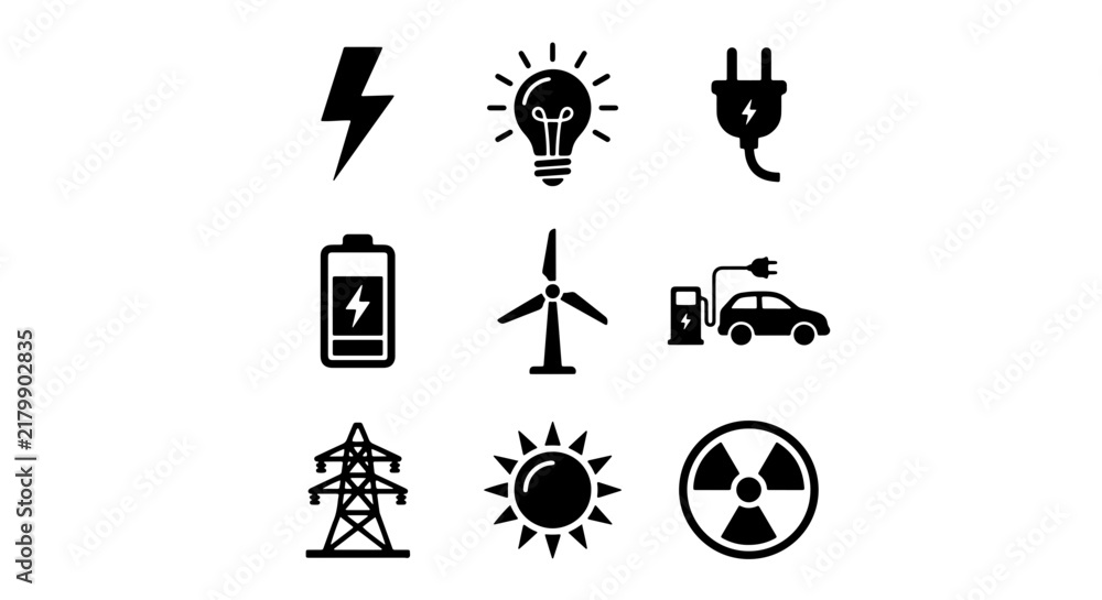 Fototapeta premium Energy Icons Set: Electricity, Solar, Wind, Battery, Electric Car, Nuclear Power