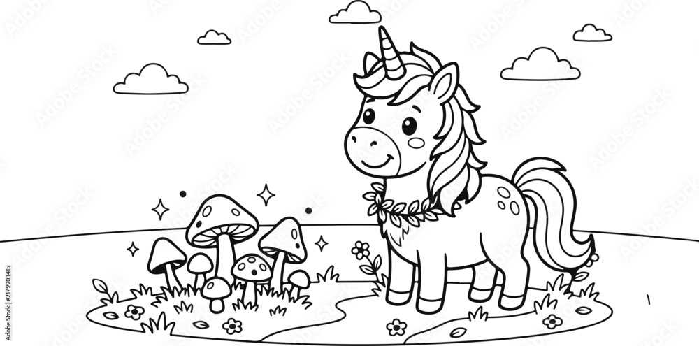 Fototapeta premium Unicorn and mushrooms illustration with clouds a line drawing for coloring