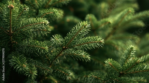 Fresh green pine needles on a branch in natural soft light. This detailed botanical texture is perfect for winter holiday and nature-themed design projects.