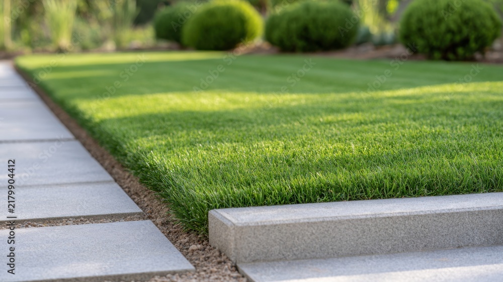 Obraz premium Green lawn with neatly trimmed grass and stone pathway leading through a landscaped garden, featuring rounded shrubs and a clear blue sky above