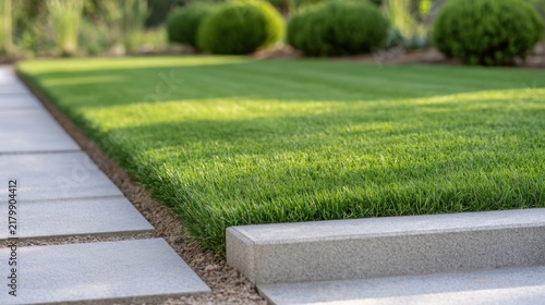 Green lawn with neatly trimmed grass and stone pathway leading through a landscaped garden, featuring rounded shrubs and a clear blue sky above