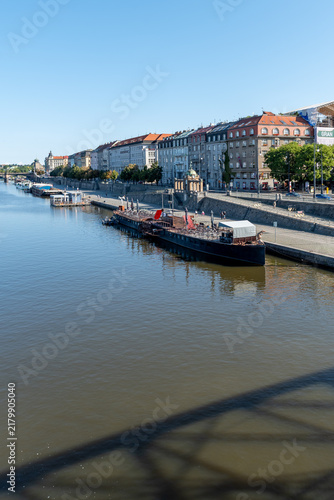 Bild auf Leinwand Podskalí area in Prague along the Vltava River, near Jirasek and Railway bridges, documenting the contemporary cityscape of a historic riverside settlement