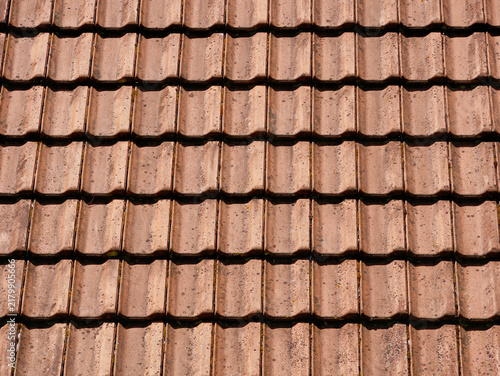 Принти на полотні Close-up of a traditional terracotta tiled roof, showing weathered roofing materials, repeating patterns and architectural details