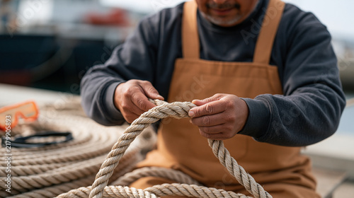 Ropemaker in rain soaked conditions repurposes frayed cordage scraps into a usable lashing during a morning routine rigging session, safety goggles resting on a coil beside the