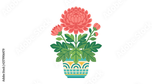 Potted pink flower in decorative patterned ceramic pot.