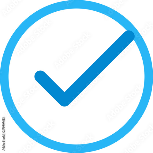 Blue check mark symbol within light blue circle representing quality assurance success flat graphic illustration