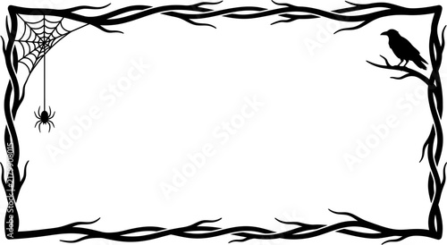 A spooky halloween border frame featuring twisted branches a hanging spider web and a perched black raven silhouette