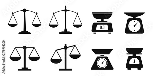 Canvastavla Set of black weighing scales and balance icons isolated on transparent backgroun