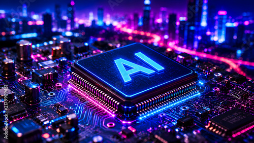 AI Microprocessor chip glowing on circuit board, artificial intelligence technology, blue neon lights, cyberpunk future city skyline, data processing engineering