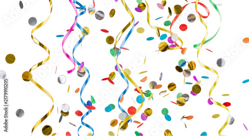 Falling colorful confetti and streamers isolated on transparent background, festive party PNG overlay with gold ribbons