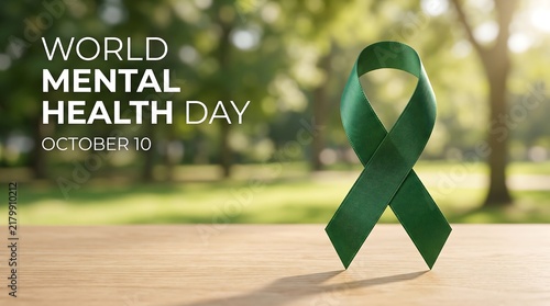 World Mental Health Day Green Awareness Ribbon on Wooden Table Outdoor Park Background for Medical Campaign Banner.