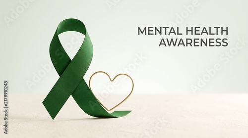 Mental Health Awareness Green Ribbon with Gold Heart Concept Banner Design for Healthcare Promotion Support and Hope