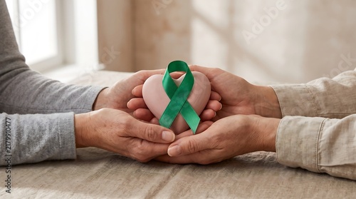 Two Pairs of Hands Holding Pink Heart with Green Ribbon for Mental Health Awareness Support and Charity Concept Image