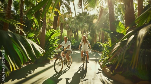 Couple cycles on path lined with lush tropical plants, sunlight dappling through palms