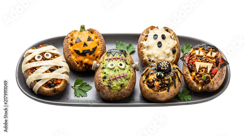 Spooky Halloween Loaded Baked Potatoes Assortment Decorated as Mummy Frankenstein Ghost Pumpkin Spider and Vampire Served on Platter Isolated on transparent Background