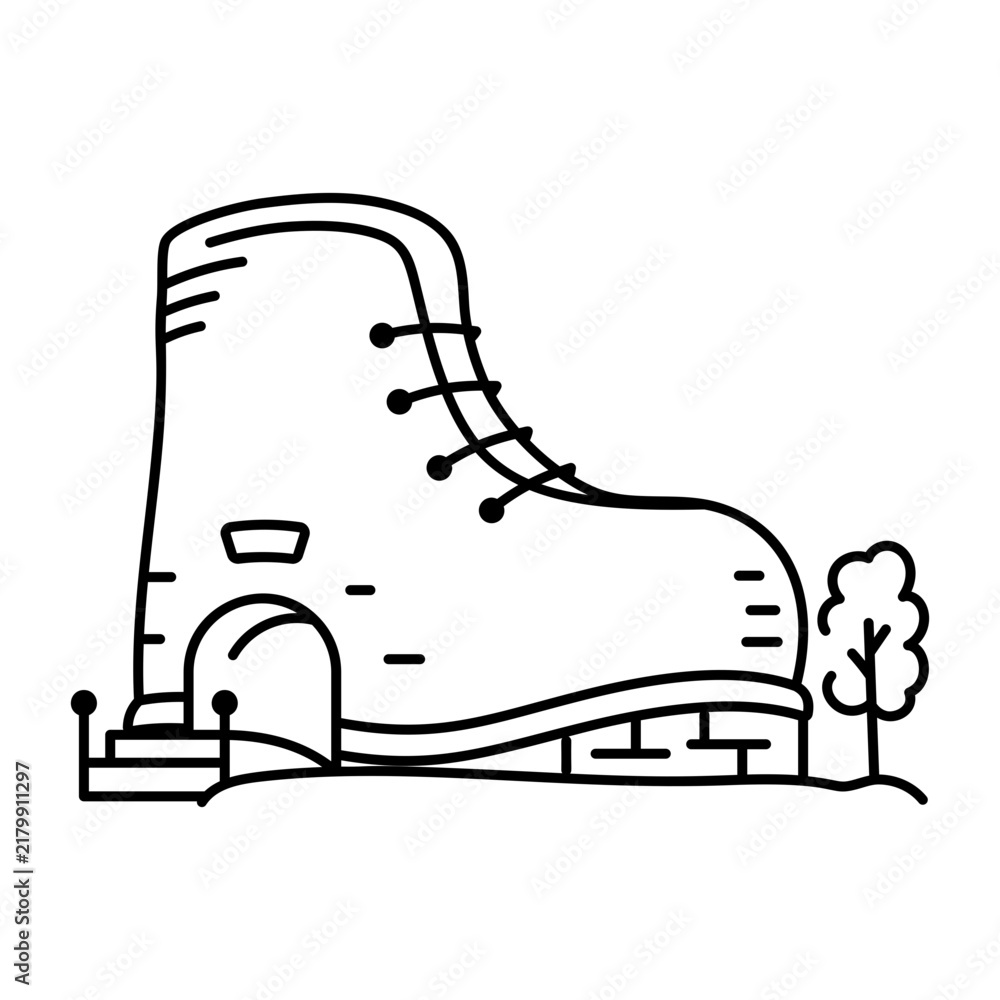 Obraz premium hand drwan icon showing a shoe museum. Clean black hand drwan work, simple details, and open white space create a clear, balanced urban or lifestyle composition.