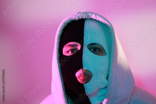 Konstfotografi Woman wearing split black and white balaclava