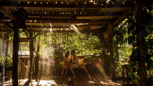 Couple embraces under an outdoor shower, lush greenery surrounds them. Sunlit intimacy