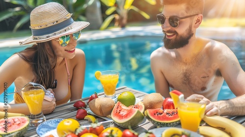 Couple enjoying a sunny poolside picnic with fresh fruit and beverages