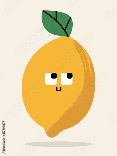 Cute Lemon Character Vector Illustration with Goofy Square Eyes and Green Leaf. Perfect for nursery prints, kitchen wall art, kids room decor, sticker designs, children's books, and youth apparel