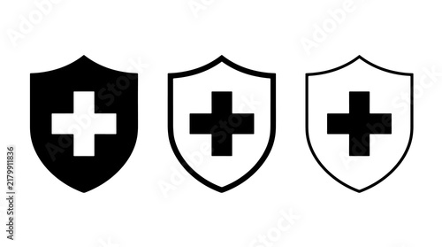 Medical shield icon set with cross symbol for healthcare and safety design