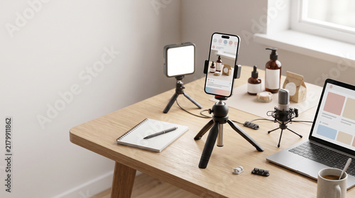 Smartphone recording setup with tripod light and microphone on desk
