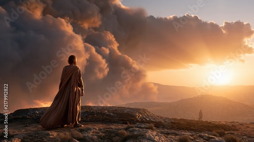 Elijah standing before the charred altar after divine fire consumes the sacrifice on Mount Carmel.