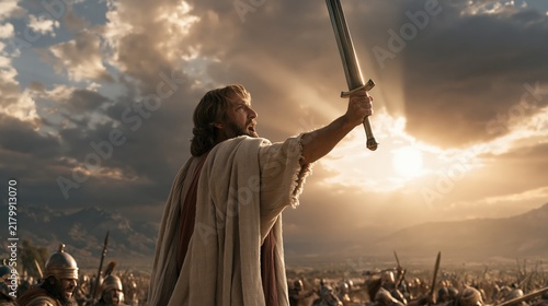 Joshua raising his sword toward the heavens as the sun stands still during Israel's victory in battle.