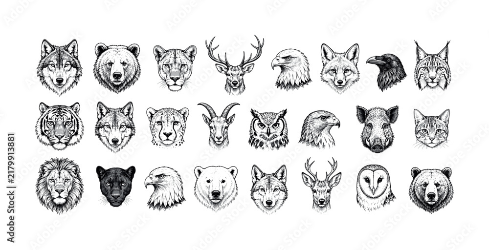 Obraz premium Collection of detailed animal head illustrations in black and white sketch style