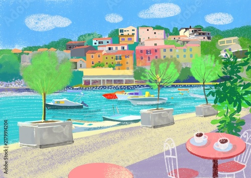 Background featuring a waterfront in Croatia: Rabac in summer, the sea, and a café.