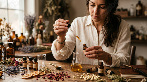 Woman preparing essential oils with herbs and flowers on a wooden table