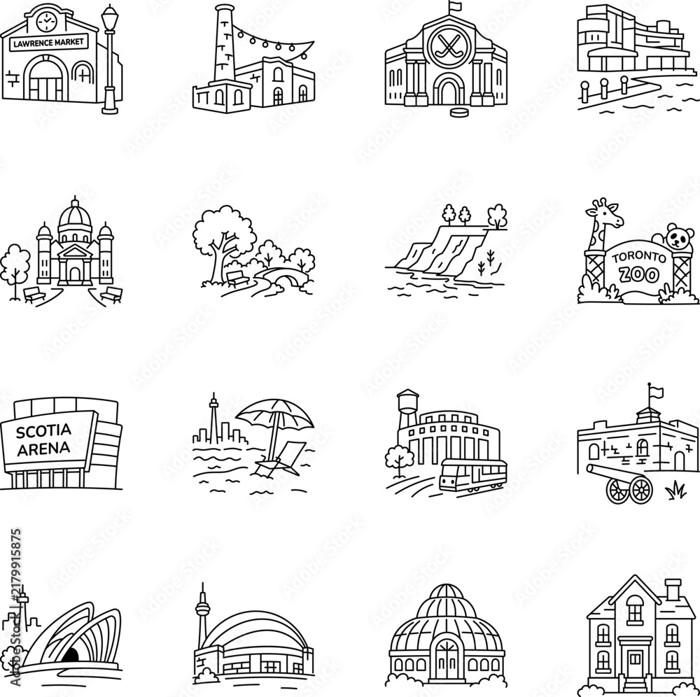 Obraz premium Toronto landmark hand-drawn icons featuring markets, museums, parks, waterfront attractions, recreation, historic sites, stadiums, cultural architecture. 