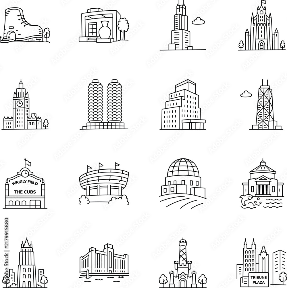 Obraz premium Toronto museum icons transition into Chicago architecture, highlighting skyscrapers, towers, stadiums, cultural buildings, plazas, urban landmarks.