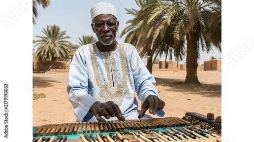 An elder, playing a wooden instrument outdoors, in a desert setting with palm trees