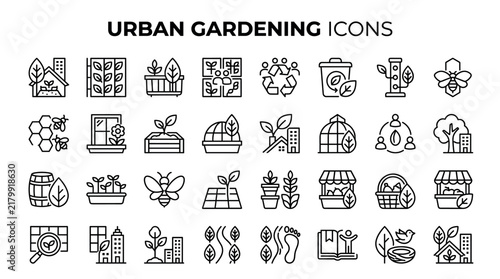 A collection of black outline vector icons representing urban gardening, sustainability, eco-friendly city living, agriculture, plants, and community ecology for modern web design projects.