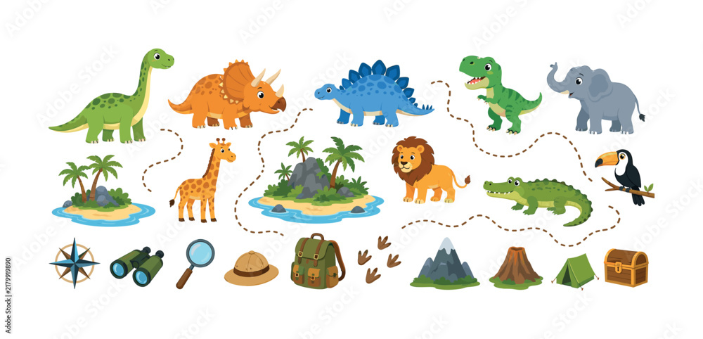 Obraz premium Cartoon animals and dinosaurs on a treasure map adventure