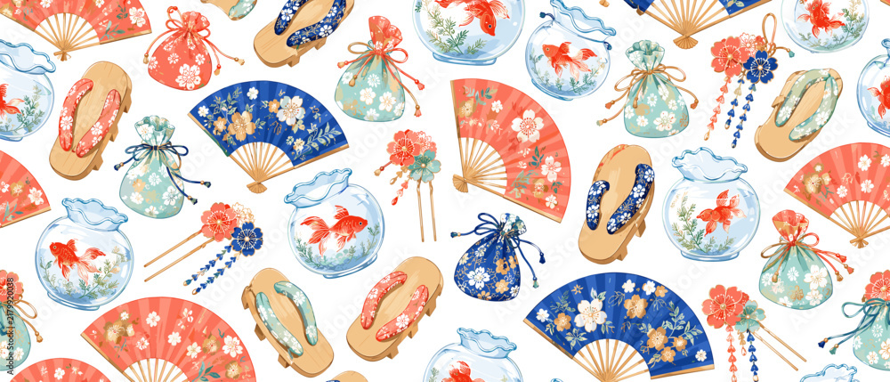 Naklejka premium Japanese cultural motifs with goldfish, fans, and traditional footwear