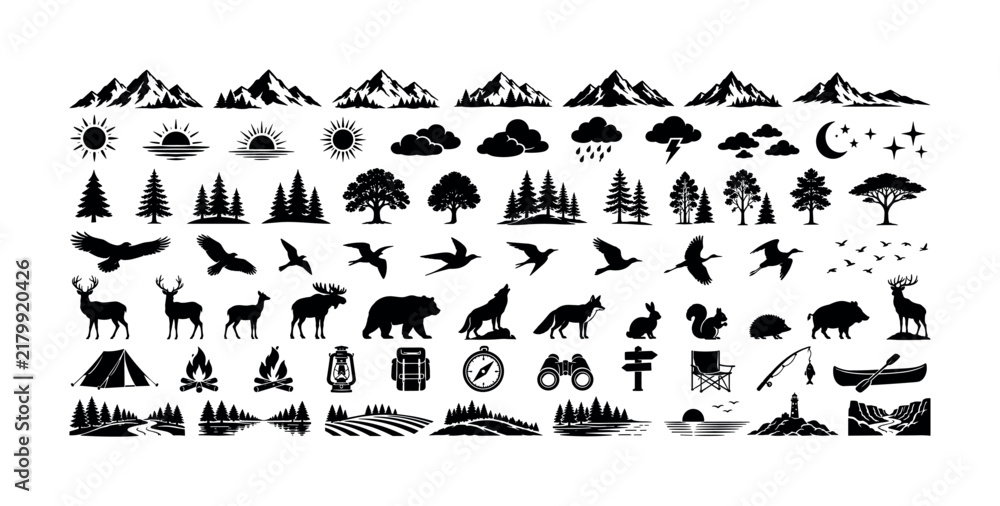 Obraz premium Collection of outdoor nature and wildlife silhouette icons for adventure