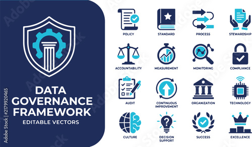 Comprehensive Data Governance Framework and Business Management Icons Vector Set